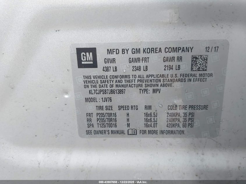 2018 Chevrolet Trax Lt VIN: KL7CJPSB7JB613897 Lot: 43987658