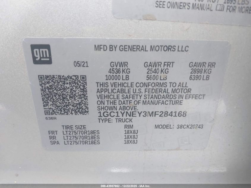 2021 Chevrolet Silverado 2500Hd 4Wd Standard Bed Lt VIN: 1GC1YNEY3MF284168 Lot: 43987662