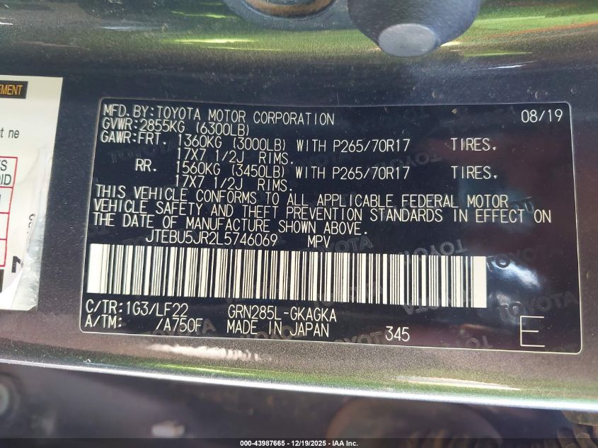 2020 Toyota 4Runner Trd Pro VIN: JTEBU5JR2L5746069 Lot: 43987665