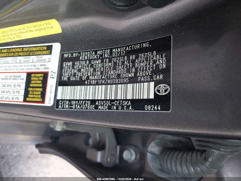 2017 Toyota Camry Se VIN: 4T1BF1FK7HU393095 Lot: 43987666