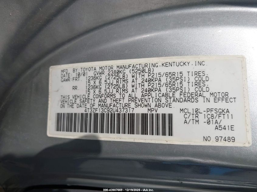 2002 Toyota Sienna Le VIN: 4T3ZF13C92U437317 Lot: 43987669