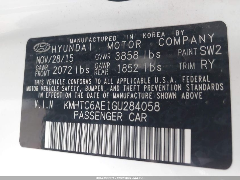 2016 Hyundai Veloster Turbo VIN: KMHTC6AE1GU284058 Lot: 43987671