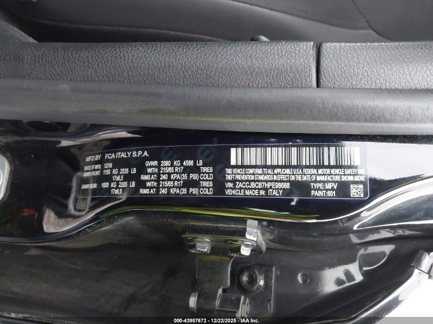 2017 Jeep Renegade Trailhawk 4X4 VIN: ZACCJBCB7HPE98688 Lot: 43987672