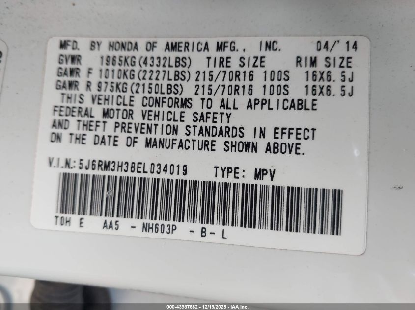 2014 Honda Cr-V Lx VIN: 5J6RM3H38EL034019 Lot: 43987682