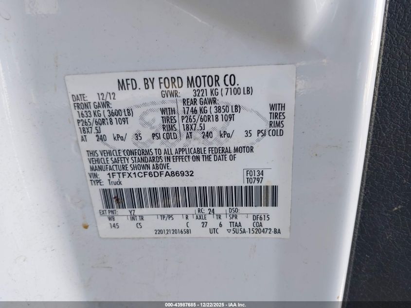 2013 Ford F-150 Stx VIN: 1FTFX1CF6DFA86932 Lot: 43987685