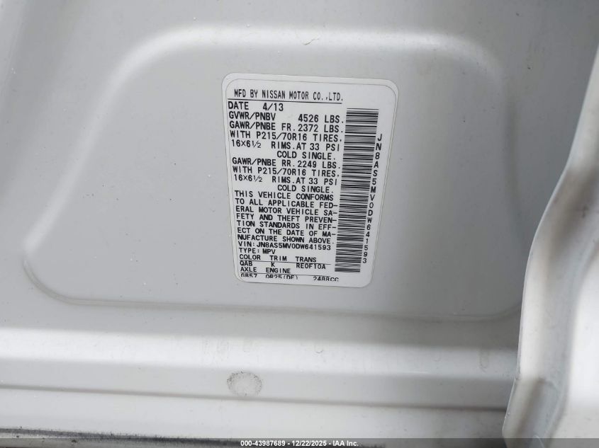 2013 Nissan Rogue S VIN: JN8AS5MV0DW641593 Lot: 43987689