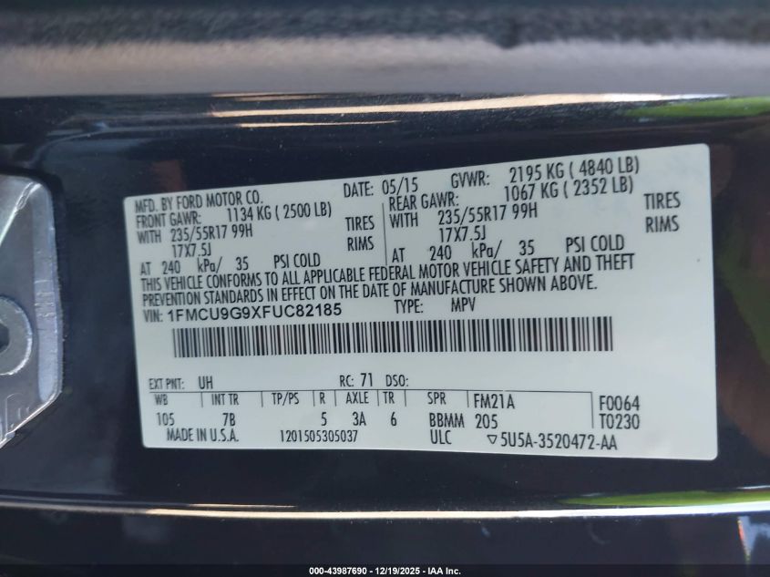 2015 Ford Escape Se VIN: 1FMCU9G9XFUC82185 Lot: 43987690