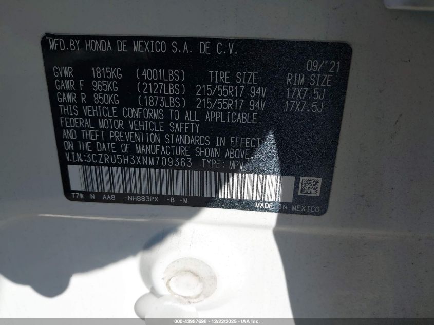 2022 Honda Hr-V 2Wd Lx VIN: 3CZRU5H3XNM709363 Lot: 43987698