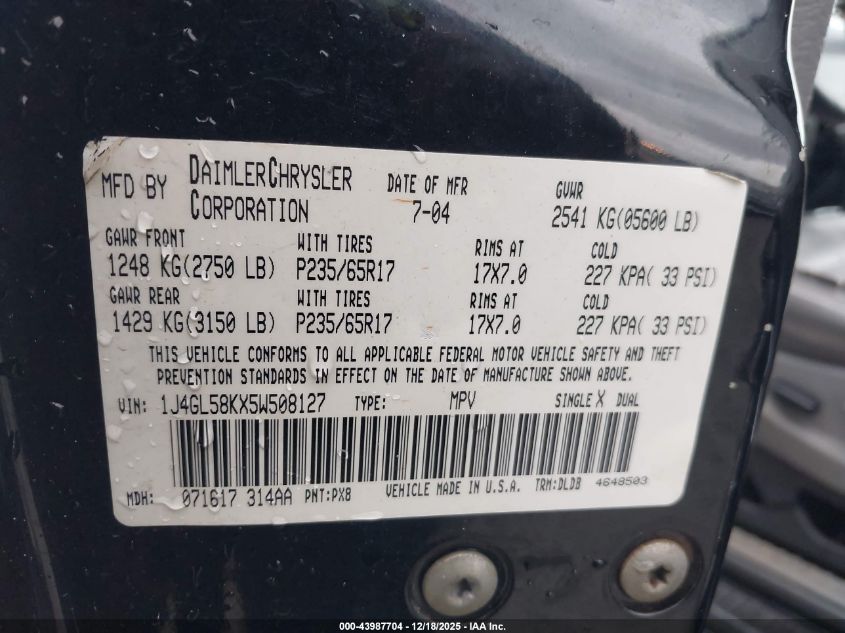 2005 Jeep Liberty Limited Edition VIN: 1J4GL58KX5W508127 Lot: 43987704