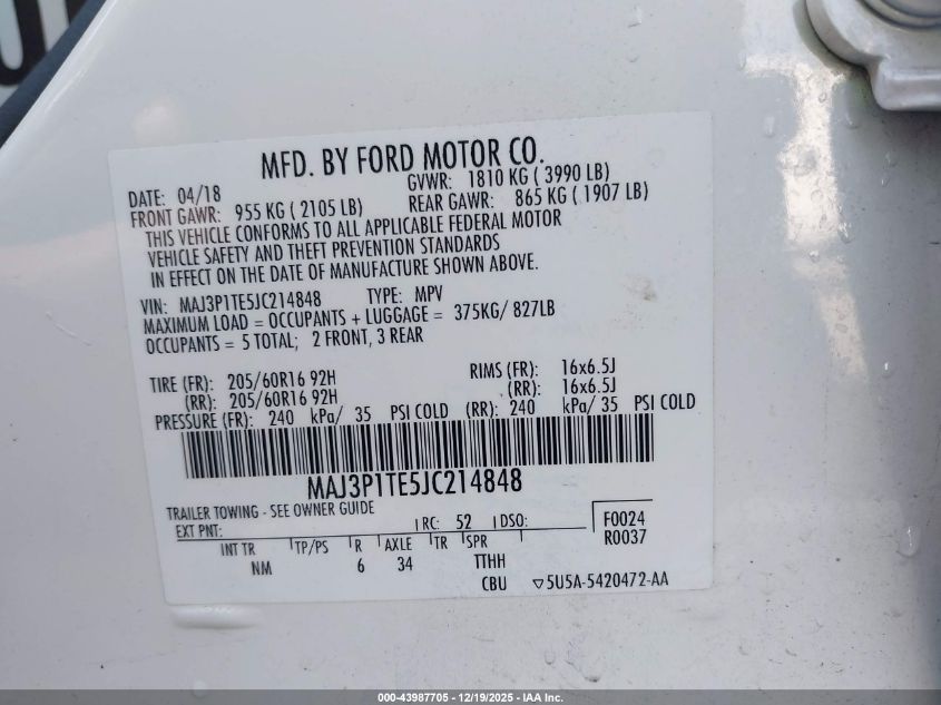 2018 Ford Ecosport Se VIN: MAJ3P1TE5JC214848 Lot: 43987705