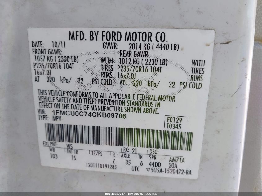 2012 Ford Escape Xls VIN: 1FMCU0C74CKB09706 Lot: 43987707