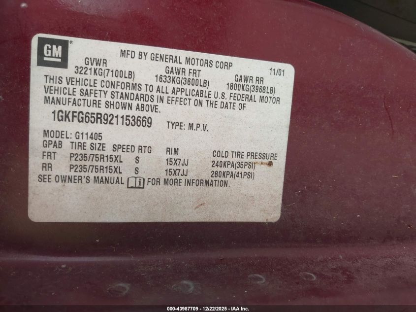 2002 GMC Savana Slt VIN: 1GKFG65R921153669 Lot: 43987709