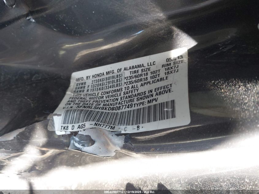 2013 Honda Odyssey Touring/Touring Elite VIN: 5FNRL5H9XDB087749 Lot: 43987712