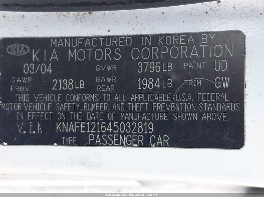 2004 Kia Spectra Ex/Lx VIN: KNAFE121645032819 Lot: 43987714