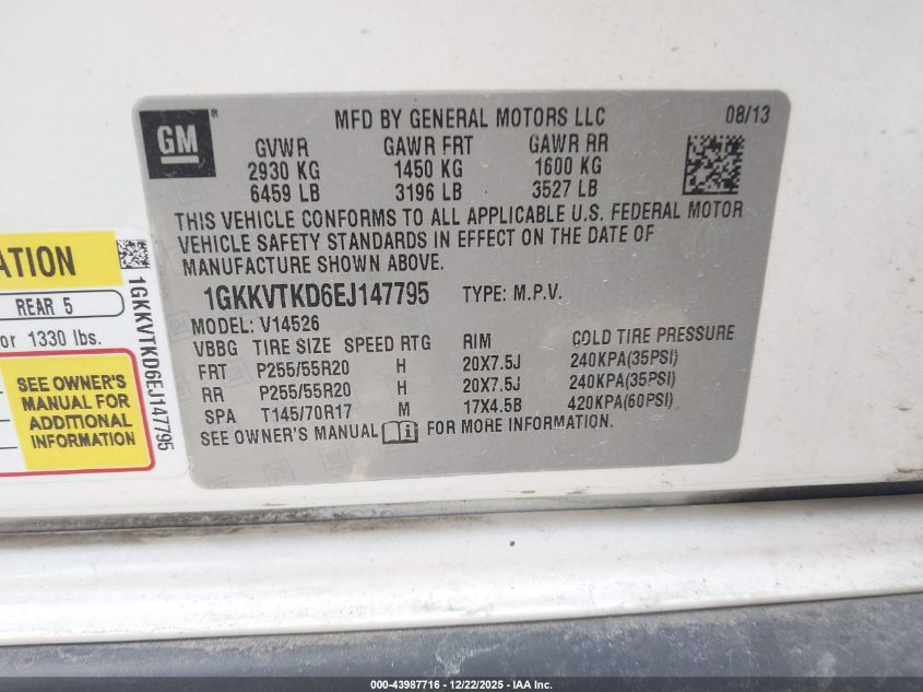 2014 GMC Acadia Denali VIN: 1GKKVTKD6EJ147795 Lot: 43987716