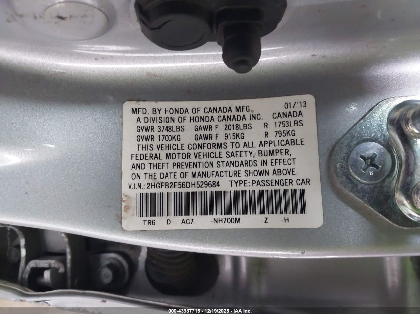 2013 Honda Civic Lx VIN: 2HGFB2F56DH529684 Lot: 43987715