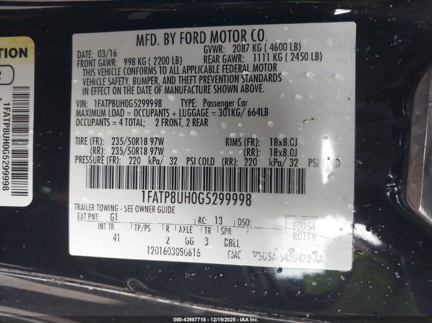 2016 Ford Mustang Ecoboost Premium VIN: 1FATP8UH0G5299998 Lot: 43987718