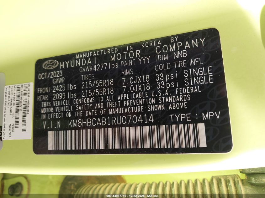 2024 Hyundai Kona Sel VIN: KM8HBCAB1RU070414 Lot: 43987719