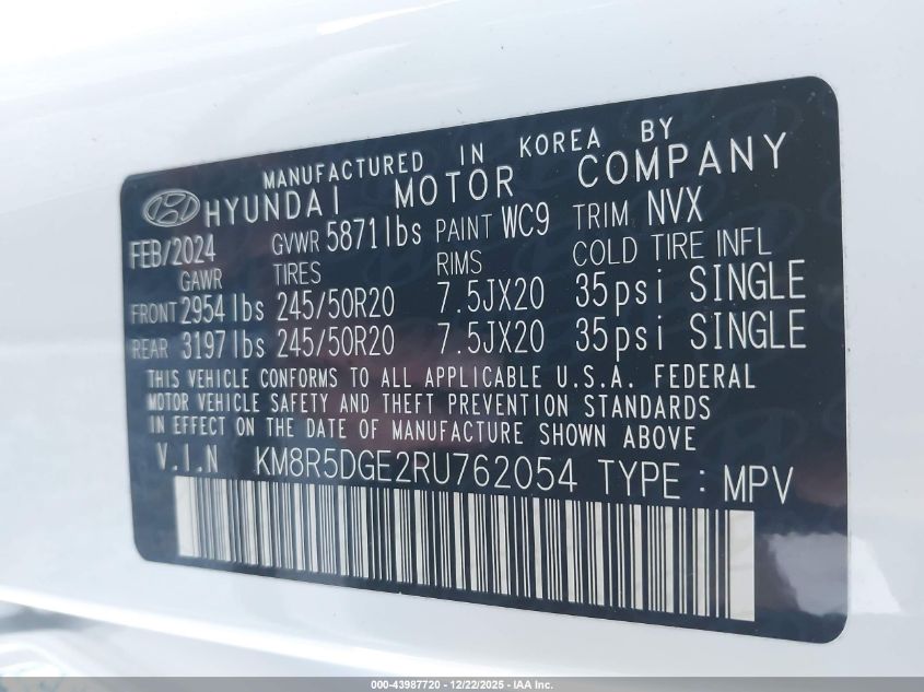 2024 Hyundai Palisade Limited VIN: KM8R5DGE2RU762054 Lot: 43987720