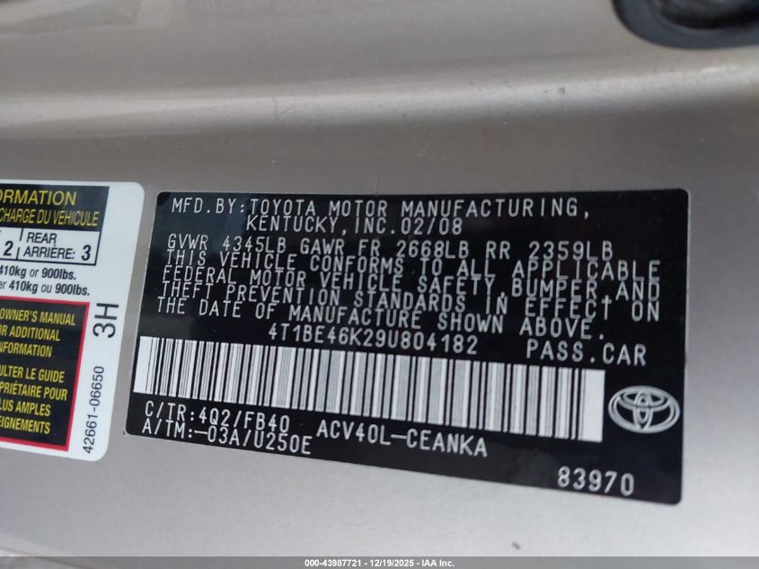 2009 Toyota Camry Le VIN: 4T1BE46K29U804182 Lot: 43987721
