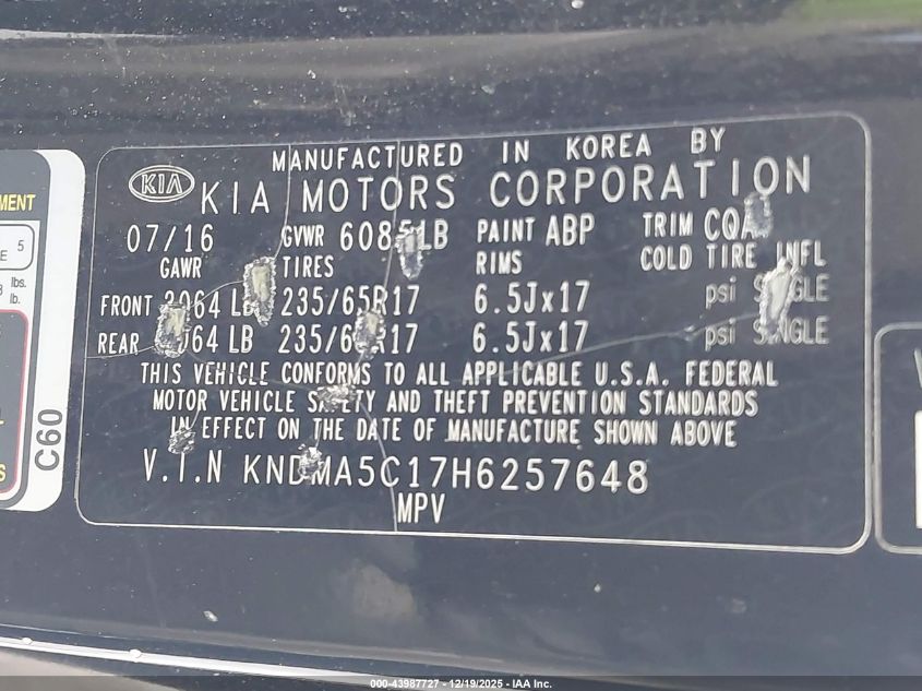 2017 Kia Sedona L VIN: KNDMA5C17H6257648 Lot: 43987727