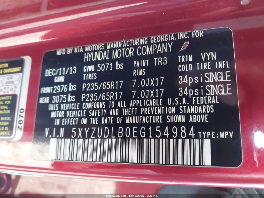 2014 Hyundai Santa Fe Sport 2.4L VIN: 5XYZUDLB0EG154984 Lot: 43987729