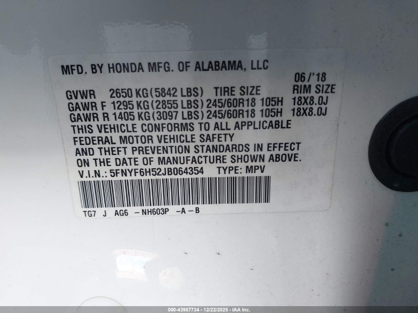 2018 Honda Pilot Ex-L VIN: 5FNYF6H52JB064354 Lot: 43987734