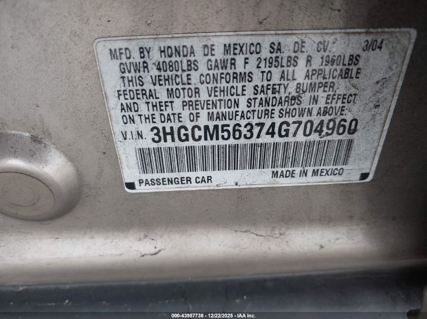 2004 Honda Accord 2.4 Lx VIN: 3HGCM56374G704960 Lot: 43987736