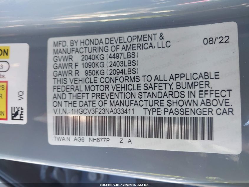 2022 Honda Accord Hybrid Sport VIN: 1HGCV3F23NA033411 Lot: 43987740