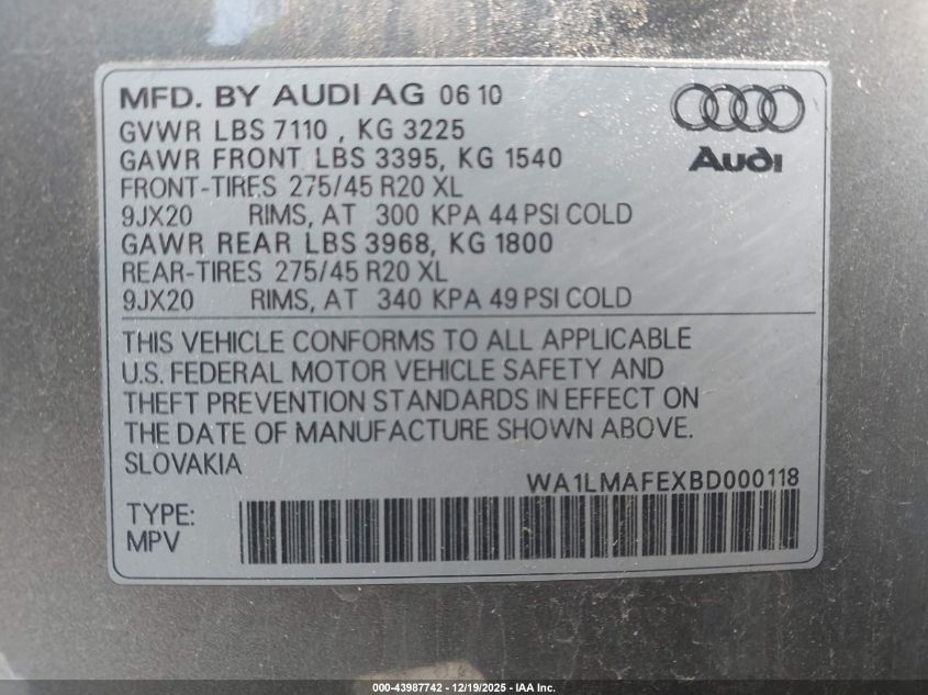 2011 Audi Q7 3.0 Tdi Premium VIN: WA1LMAFEXBD000118 Lot: 43987742