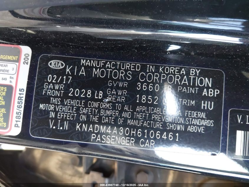 2017 Kia Rio Lx VIN: KNADM4A30H6106461 Lot: 43987748