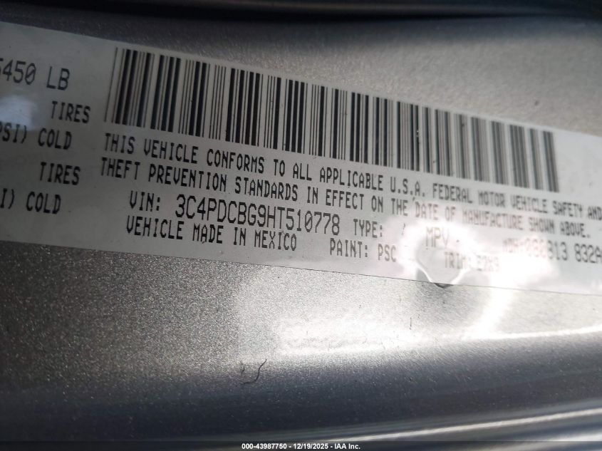 2017 Dodge Journey Sxt VIN: 3C4PDCBG9HT510778 Lot: 43987750