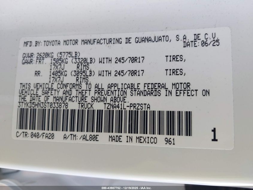 2025 Toyota Tacoma Sr VIN: 3TYKD5HN3ST033878 Lot: 43987752