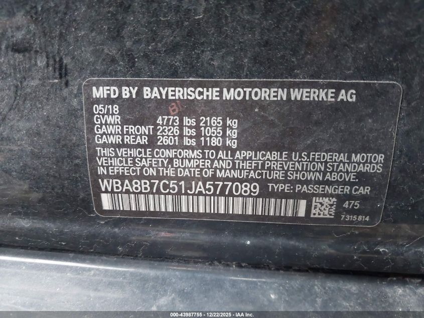 2018 BMW 340I xDrive VIN: WBA8B7C51JA577089 Lot: 43987755