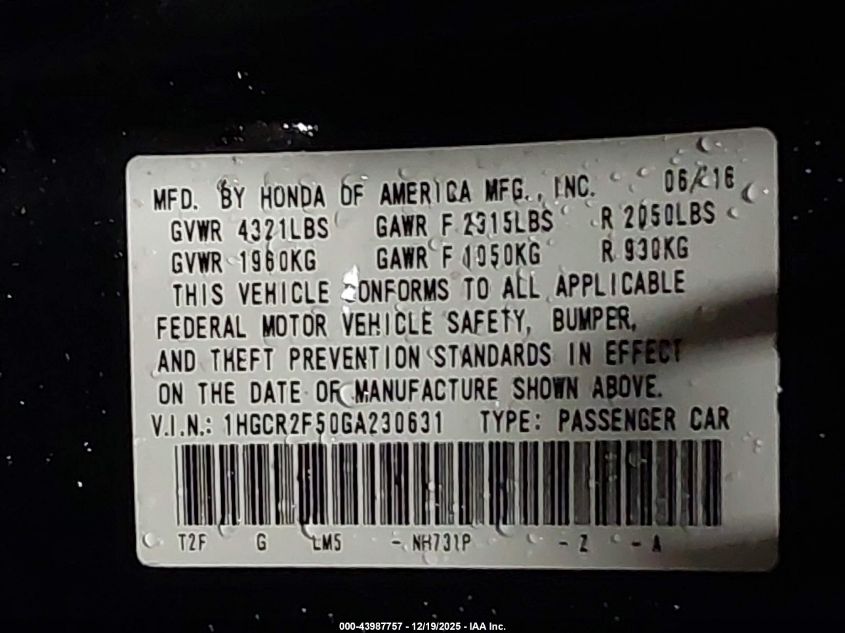 2016 Honda Accord Sport VIN: 1HGCR2F50GA230631 Lot: 43987757