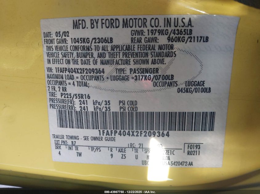 2002 Ford Mustang VIN: 1FAFP404X2F209364 Lot: 43987758