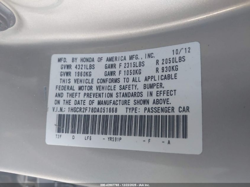 2013 Honda Accord Ex VIN: 1HGCR2F78DA051668 Lot: 43987765