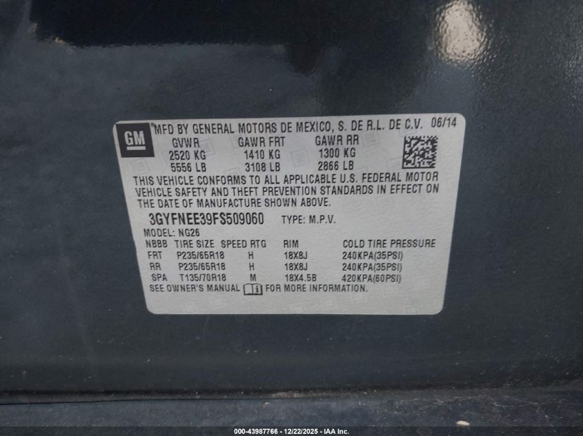 2015 Cadillac Srx Luxury Collection VIN: 3GYFNEE39FS509060 Lot: 43987766