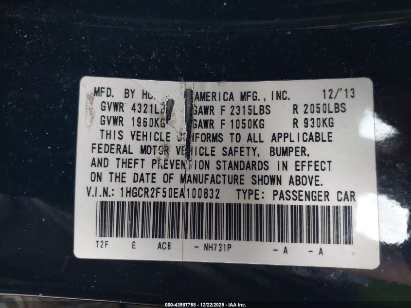 2014 Honda Accord Sport VIN: 1HGCR2F50EA100832 Lot: 43987768