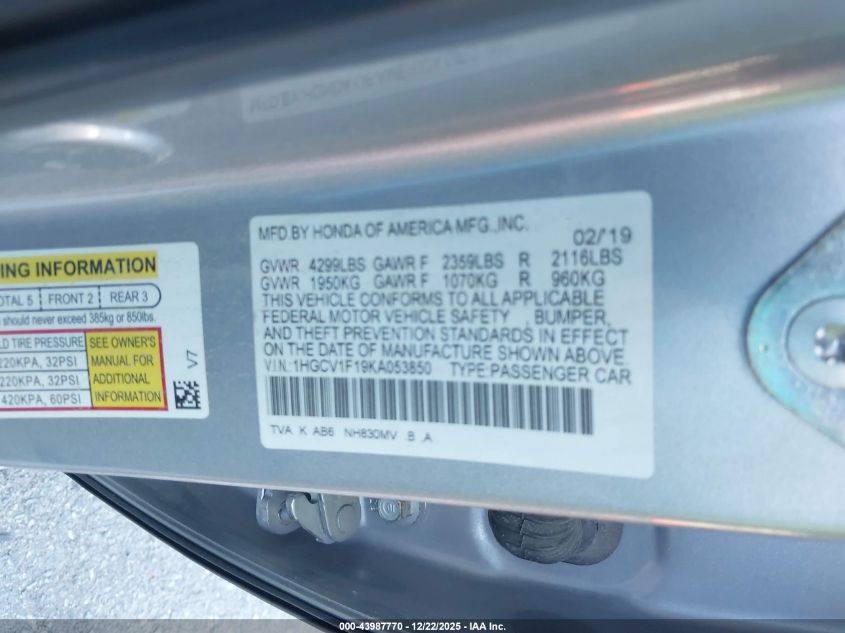 2019 Honda Accord Lx VIN: 1HGCV1F19KA053850 Lot: 43987770