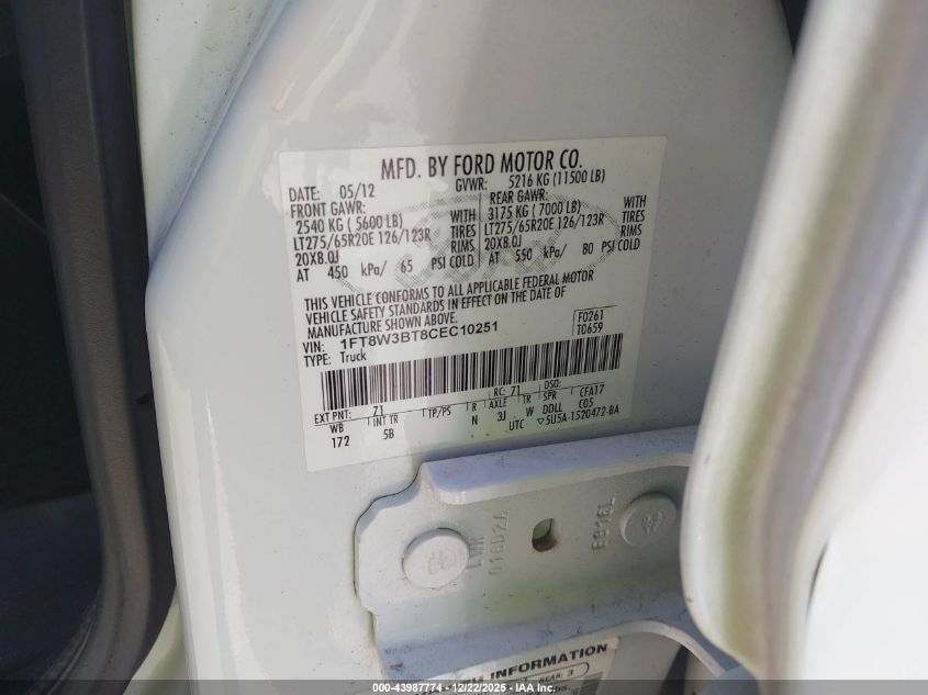 2012 Ford F-350 Lariat VIN: 1FT8W3BT8CEC10251 Lot: 43987774