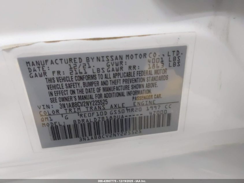 2022 Nissan Sentra Sv Xtronic Cvt VIN: 3N1AB8CV2NY225525 Lot: 43987775