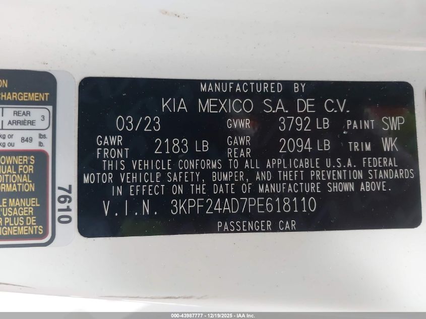 2023 Kia Forte Lxs VIN: 3KPF24AD7PE618110 Lot: 43987777