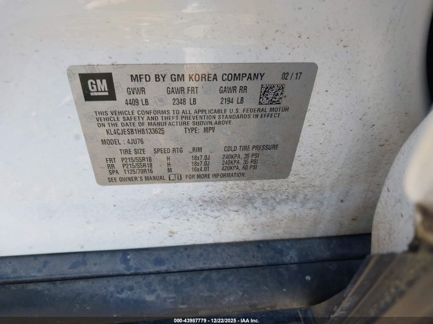 2017 Buick Encore Preferred VIN: KL4CJESB1HB133625 Lot: 43987779