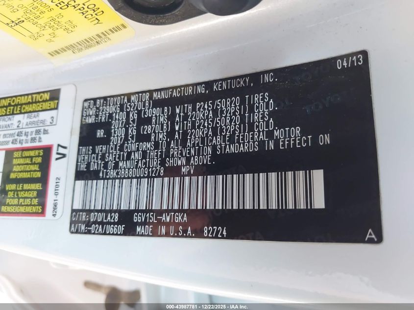 2013 Toyota Venza Xle V6 VIN: 4T3BK3BB8DU091278 Lot: 43987781