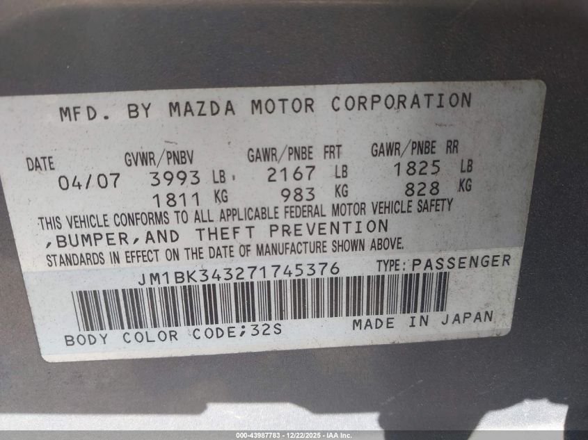 2007 Mazda Mazda3 S Grand Touring VIN: JM1BK343271745376 Lot: 43987783