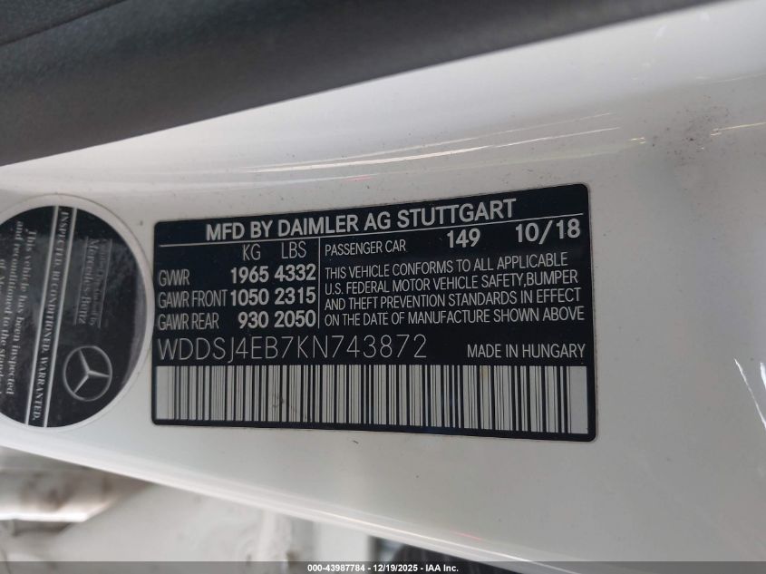 2019 Mercedes-Benz Cla 250 VIN: WDDSJ4EB7KN743872 Lot: 43987784