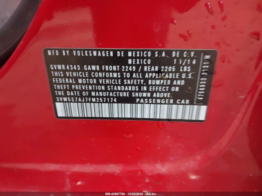 2015 Volkswagen Jetta 2.0T Gli Sel VIN: 3VW5S7AJ7FM257174 Lot: 43987786