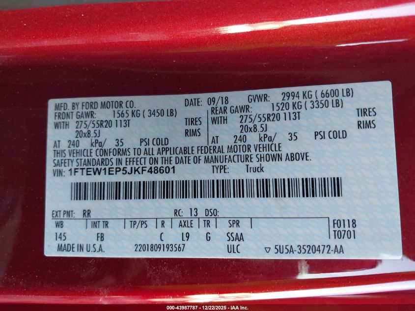 2018 Ford F-150 Xlt VIN: 1FTEW1EP5JKF48601 Lot: 43987787