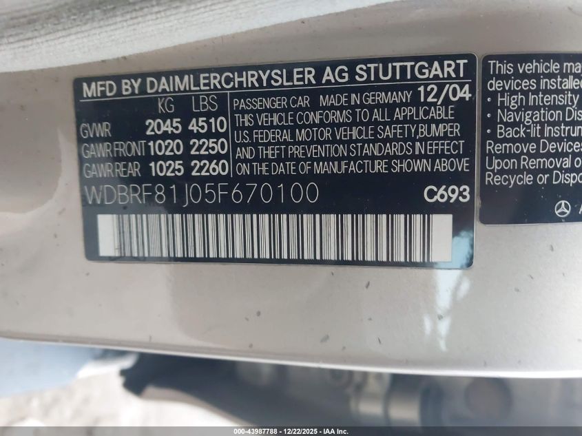 2005 Mercedes-Benz C 240 Luxury 4Matic VIN: WDBRF81J05F670100 Lot: 43987788